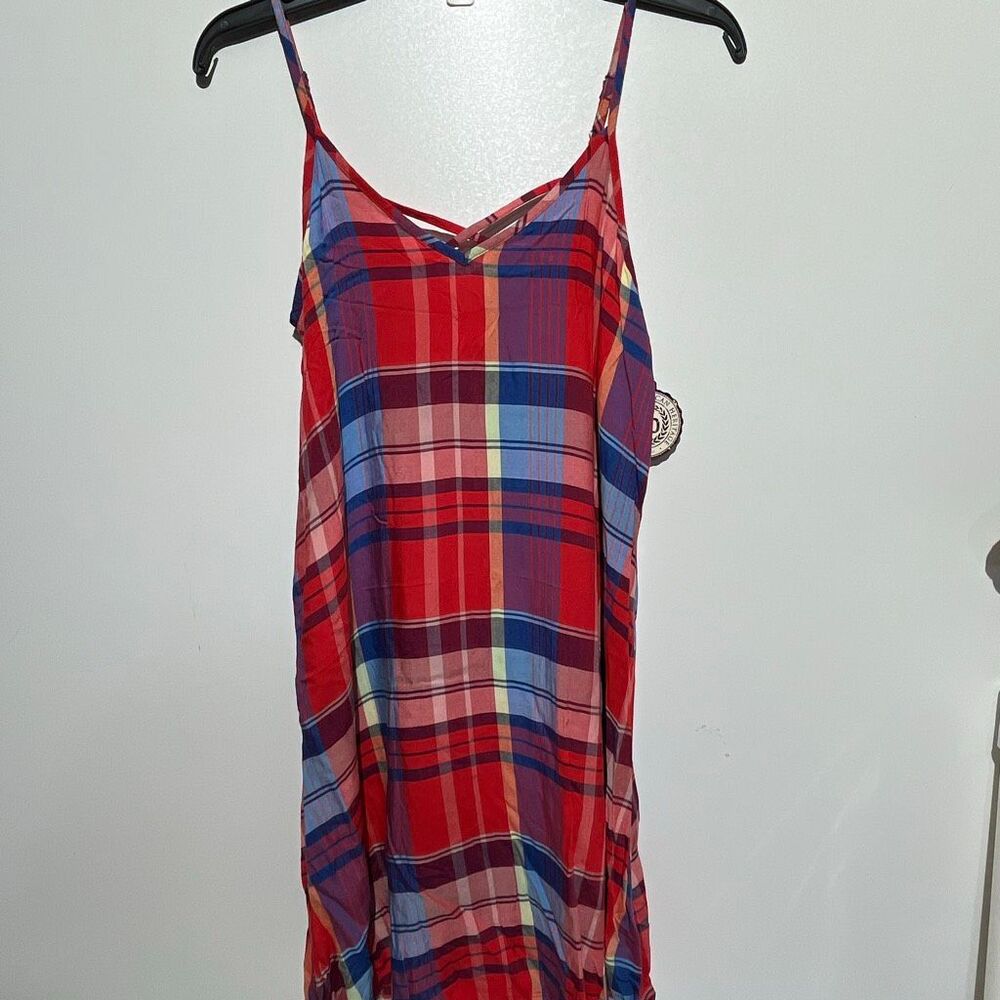 So Women's Multicolor Plaid‎ V-Neck Sleeveless Swing Woven Dress Small NWT
